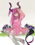  alternate_costume artist_name bangs boots closed_mouth commentary curled_horns dragon_girl dragon_horns dragon_tail dress elizabeth_bathory_(fate) elizabeth_bathory_(fate)_(all) eyebrows_visible_through_hair fate/grand_order fate_(series) fingernails flower frilled_dress frills green_eyes grey_background hair_between_eyes hand_up head_tilt high_heel_boots high_heels horn_ornament horns long_hair long_sleeves looking_at_viewer mochii one_eye_closed pink_dress pink_hair purple_flower sharp_fingernails signature simple_background sitting solo tail white_footwear 