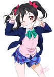  2018 \m/ arms_up black_hair blazer blue_jacket blue_skirt blush bow bowtie contrapposto double_\m/ eyebrows_visible_through_hair green_bow green_neckwear hair_bow head_tilt highres jacket legs_apart long_hair long_sleeves looking_at_viewer love_live! love_live!_school_idol_project miniskirt nico_nico_nii open_blazer open_clothes open_jacket otonokizaka_school_uniform pink_bow plaid plaid_skirt pleated_skirt red_eyes school_uniform signature simple_background skirt solo standing striped striped_bow takeya_yuuki tareme white_background wing_collar yazawa_nico 