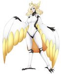  absurd_res animal_humanoid anisodactyl anthro avian avian_humanoid blonde_hair blue_eyes bodysuit breasts claws clothing feathered_wings feathers female fernybee fingers hair harpy hi_res humanoid looking_at_viewer mercy_(overwatch) overwatch simple_background skinsuit solo standing tail_feathers talons tight_clothing video_games white_background wings 