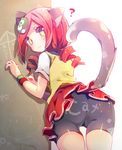  1girl :3 ? ai_ai_gasa ana_(rznuscrf) andou_ringo animal_ears ass bike_shorts black_shorts cat_ears cat_girl cat_tail closed_mouth commentary_request english_text kemonomimi_mode long_hair looking_at_viewer looking_back low_twintails osomatsu-san osomatsu_(series) pleated_skirt puyopuyo puyopuyo_7 red_hair red_skirt ringlets shirt short_sleeves shorts skirt solo sweater_vest tail translated twintails white_shirt wristband yellow_eyes 