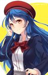  bai_banca bangs beret blue_hair closed_mouth commentary_request eyebrows_visible_through_hair frills hair_between_eyes hand_in_hair hat highres jacket long_hair looking_at_viewer love_live! love_live!_school_idol_project open_clothes open_jacket red_ribbon ribbon simple_background solo sonoda_umi upper_body yellow_eyes 