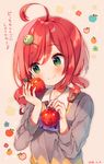  ahoge ana_(rznuscrf) andou_ringo apple ascot bangs blush closed_mouth collarbone collared_shirt dated eyebrows_visible_through_hair fingernails food fruit green_eyes hair_between_eyes hair_ornament hairclip hands_up head_tilt holding holding_food holding_fruit long_sleeves looking_away looking_to_the_side purple_neckwear puyopuyo red_apple red_eyes shirt smile solo translation_request white_shirt 