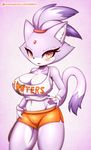  2017 big_breasts blaze_the_cat breasts cat cleavage clothed clothing feline fur gloves hand_on_hip hooters mammal purple_fur shirt shorts solo sonic_(series) tailzkim 