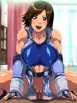 abs bare_shoulders belt blue_sports_bra blush breasts brown_hair censored clothed_female_nude_male day elbow_pads erect_nipples fingerless_gloves girl_on_top gloves groin happy happy_sex highres jacket jumpsuit kazama_asuka large_breasts legs looking_at_viewer lying mosaic_censoring navel no_panties nude open_clothes open_jacket open_mouth orange_eyes penis pov puffy_areolae puffy_nipples pussy raburebo sex short_hair sitting sitting_on_person smile solo_focus sports_bra straddling tekken thighs toned unzipped vaginal waguchi_shouka window 