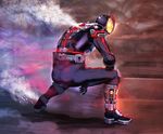  arm_on_knee armor belt black_bodysuit bodysuit boots commentary_request from_behind full_body glowing glowing_eyes helmet highres inui_takumi kamen_rider kamen_rider_555 kamen_rider_faiz kikimifukuri male_focus pauldrons power_armor science_fiction solo squatting steam tokusatsu 
