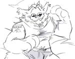  2017 4_fingers anthro bedding blush canine clothing karma_(torquewintress) looking_at_viewer lying male mammal monochrome muscular muscular_male on_back shirt smile solo tank_top tattoo toony torquewintress underwear wolf 
