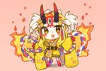  :d barefoot blonde_hair blush_stickers brown_eyes chibi commentary facial_mark fate/grand_order fate_(series) fire full_body horns ibaraki_douji_(fate/grand_order) japanese_clothes kimono long_hair long_sleeves looking_at_viewer mochii oni oni_horns open_mouth outstretched_arms pink_background simple_background sleeves_past_wrists smile solo spread_arms standing very_long_hair wide_sleeves yellow_kimono 