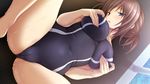  aoi_tori_(purple_software) blue_eyes blush breast_grab breasts brown_hair competition_swimsuit covered_navel game_cg grabbing impossible_clothes impossible_swimsuit koku large_breasts looking_at_viewer lying official_art on_back one-piece_swimsuit open_mouth ponytail poolside short_hair solo spread_legs swimsuit umino_akari wet 