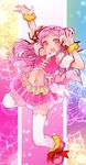  :d arm_up bow cure_yell double_bun flower full_body hair_flower hair_ornament hair_ribbon heart heart_hair_ornament hugtto!_precure layered_skirt long_hair looking_at_viewer magical_girl midriff multicolored multicolored_background nekokurage_(musical_box) no_navel nono_hana open_mouth pink_eyes pink_footwear pink_hair pink_shirt pink_skirt precure red_bow red_ribbon ribbon shirt shoes skirt sleeveless sleeveless_shirt smile solo thighhighs white_legwear zettai_ryouiki 