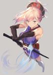  asymmetrical_bangs bangs bare_shoulders commentary_request dual_wielding elbow_gloves fate/grand_order fate_(series) gloves grey_background hair_ornament holding japanese_clothes katana long_legs miyamoto_musashi_(fate/grand_order) pink_hair ponytail purple_eyes simple_background sola_(solo0730) solo sword weapon 