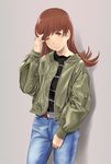  ;) alternate_costume belt black_shirt blue_pants blush bomber_jacket brown_eyes brown_hair casual closed_mouth denim eyebrows_visible_through_hair green_jacket grey_background hand_up highres jacket jeans kantai_collection long_hair long_sleeves looking_at_viewer one_eye_closed ooi_(kantai_collection) open_clothes open_jacket pants pocket puffy_long_sleeves puffy_sleeves shiny shiny_hair shirt simple_background smile solo striped striped_shirt tareme unzipped wa_(genryusui) zipper 