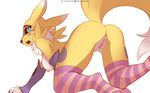  2018 all_fours anthro areola armwear black_sclera blue_eyes breasts bridal_gauntlets canine claws clothing digimon digital_media_(artwork) dipstick_ears dipstick_tail facial_markings female legwear mammal markings multicolored_tail neck_tuft nipples open_mouth pussy renamon simple_background solo striped_legwear stripes tuft white_background zero-sum 