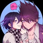  :d checkered checkered_neckwear collarbone collared_shirt cravat danganronpa eyebrows_visible_through_hair grey_shirt grin hair_between_eyes heart highres long_sleeves looking_down male_focus momota_kaito multiple_boys nanin new_danganronpa_v3 open_mouth ouma_kokichi purple_eyes purple_hair shirt smile speech_bubble spiked_hair sweatdrop teeth two-tone_background upper_body whispering wing_collar wrist_grab yaoi 