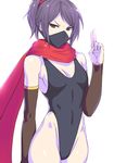  arm_warmers black_eyes black_swimsuit breasts covered_mouth covered_navel face_mask hai_(h81908190) highleg highleg_swimsuit mask medium_breasts ninja ninja_mask one-piece_swimsuit original ponytail purple_hair red_scarf scarf short_hair simple_background solo swimsuit white_background 