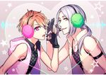  a3! blonde_hair chigasaki_itaru collarbone cropped_vest earmuffs fingerless_gloves gloves grey_background happy_synthesizer_(vocaloid) headset heart highres hood long_hair looking_at_viewer male_focus multiple_boys open_mouth parted_lips pink_eyes smile star upper_body yabapi yellow_eyes yukishiro_azuma 