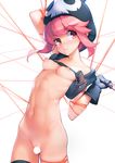  arm_up ataruman black_gloves blush breasts censored collarbone eyebrows_visible_through_hair gloves hat highres jakuzure_nonon kill_la_kill knife life_fiber looking_at_viewer navel nipples nudist_beach_uniform pink_eyes pink_hair pussy simple_background small_breasts solo standing string white_background 