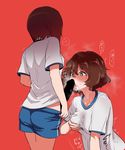  absurdres akiyama_yukari aomushi_(mushamusha) bangs breast_grab censored commentary_request cum cum_in_mouth futa_with_female futanari girls_und_panzer grabbing gym_shirt gym_shorts gym_uniform highres implied_masturbation multiple_girls nishizumi_miho oral penis penis_awe penis_on_face self_fondle shirt short_sleeves shorts shorts_pull steaming_body translation_request white_shirt 