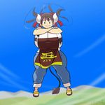  1girl animated breasts brown_eyes brown_hair cow_girl cow_girl_(hataraki) cow_tail full_body gigantic_breasts hair_ribbon hataraki_ari horns solo sukimi tail 