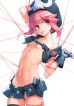  ataruman blush breasts collarbone commentary eyebrows_visible_through_hair gloves gun hat highres jakuzure_nonon kill_la_kill knife life_fiber looking_at_viewer midriff navel nudist_beach_uniform pink_eyes pink_hair simple_background small_breasts solo standing string tongue tongue_out weapon white_background 