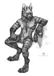  anthro claws collar digitigrade featureless_crotch fur greyscale hindpaw hyena leash looking_at_viewer male mammal monochrome nude paws simul smile solo striped_fur stripes toe_claws 