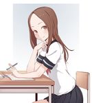  bangs between_fingers black_skirt blush book brown_eyes brown_hair chair cheshirrr closed_mouth desk eraser forehead from_side gradient gradient_background grey_background holding holding_pen karakai_jouzu_no_takagi-san long_hair looking_at_viewer looking_to_the_side on_chair open_book parted_bangs pen pencil pleated_skirt school_chair school_desk short_sleeves sitting skirt smile solo takagi-san 
