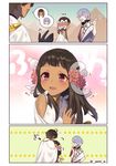  2boys black_hair blush brown_hair cape closed_eyes comic commentary_request dark_skin earrings egypt egyptian egyptian_clothes fate/prototype fate/prototype:_fragments_of_blue_and_silver fate_(series) flower hair_flower hair_ornament heart hug jewelry moses_(fate/prototype_fragments) multiple_boys nefertari_(fate/prototype_fragments) omi_(tyx77pb_r2) open_eyes open_mouth ozymandias_(fate) pink_eyes pink_flower pyramid silent_comic silver_hair smile twitter_username white_cape 