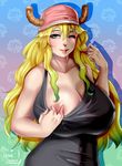  1girl blonde_hair breasts cleavage dragon dragon_girl erect_nipples flashing green_eyes horns huge_breasts kobayashi-san_chi_no_maidragon mili_leona_orochi monster monster_girl one_breast_out quetzalcoatl_(maidragon) winking 