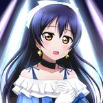  bangs blue_hair bow choker commentary_request earrings eyebrows_visible_through_hair gloves hair_between_eyes hair_bow jewelry kira-kira_sensation! long_hair love_live! love_live!_school_idol_project open_mouth smile solo sonoda_umi upper_body wewe yellow_eyes 