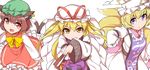  animal_ears blonde_hair blue_eyes bow bowtie breasts brown_hair cat_ears cat_tail chen closed_mouth commentary_request cowboy_shot dress earrings fan folding_fan fox_tail frilled_dress frills fun_bo hair_ribbon hand_on_hip hat hat_ribbon holding holding_fan jewelry large_breasts long_hair long_sleeves looking_at_viewer mob_cap multiple_girls multiple_tails open_mouth pillow_hat puffy_long_sleeves puffy_sleeves red_eyes ribbon short_hair sleeves_past_wrists tabard tail touhou two_tails white_background white_dress wide_sleeves yakumo_ran yakumo_yukari yellow_eyes 