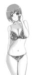  absurdres bakusai bangs bare_shoulders bra breasts cleavage closed_mouth collarbone copyright_request cowboy_shot eyebrows_visible_through_hair greyscale hand_up highres hoshizora_ikuyo medium_breasts monochrome navel panties precure print_bra print_panties simple_background smile smile_precure! solo standing stomach tareme thighs underwear underwear_only white_background 