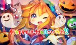  ;d ana_(rznuscrf) bangs bat blonde_hair blue_eyes blue_hat blush blush_stickers closed_eyes ghost hair_between_eyes happy_halloween hat indoors jack-o'-lantern lace_border long_hair looking_at_viewer one_eye_closed open_mouth outstretched_arm potion puyopuyo smile solo star star_in_eye symbol_in_eye very_long_hair window witch_(puyopuyo) 