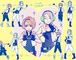  ? a3! belt blonde_hair boots chigasaki_itaru closed_eyes cropped_vest cross-laced_footwear dancing earmuffs fingerless_gloves fleeing gloves happy_synthesizer_(vocaloid) headset heart high_tops highres male_focus multiple_boys pink_hair polka_dot ponytail pose shoes sleeveless sneakers song_name star tank_top vest yabapi yellow_background yukishiro_azuma 
