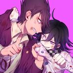  ahoge anger_vein angry battle beard black_hair bruise_on_face checkered checkered_neckwear clenched_hand clenched_teeth clothes_grab collared_shirt cravat crazy_eyes danganronpa eye_contact facial_hair grabbing hair_between_eyes highres jacket long_sleeves looking_at_another male_focus momota_kaito multiple_boys nanin new_danganronpa_v3 open_clothes open_jacket open_mouth ouma_kokichi pink_background purple_eyes purple_hair purple_jacket school_uniform shirt simple_background teeth upper_body white_shirt wing_collar 