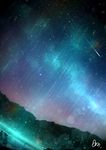  aurora dark dutch_angle highres hill lake lens_flare meteor_shower night night_sky no_humans original scenery shooting_star signature sky star_(sky) starry_sky water 