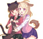  :d ahoge akamatsu_kaede animal_ears bangs beamed_sixteenth_notes black_sailor_collar blonde_hair blush brown_hair cat_ears cat_tail cowboy_shot danganronpa dog_ears dog_tail eighth_note eyebrows_visible_through_hair green_skirt hair_ornament hair_scrunchie harukawa_maki imminent_hug kemonomimi_mode long_hair long_sleeves miniskirt motion_lines multiple_girls musical_note musical_note_hair_ornament musical_note_print new_danganronpa_v3 nose_blush open_mouth outline pink_scrunchie plaid plaid_skirt playing_with_own_hair pleated_skirt print_skirt purple_eyes purple_skirt quarter_note red_eyes red_scrunchie sailor_collar school_uniform scrunchie serafuku shirt simple_background skirt smile standing surprised sweat sweater_vest swept_bangs tail tail_wagging tareme v-shaped_eyebrows very_long_hair white_background white_shirt yuraiko yuri 