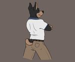  anthro arched_back belt black_fur black_nose black_tail butt butt_pose canine clothed clothing countershade_face countershade_tail countershading crossed_arms dog eyebrows fully_clothed fur furgonomics grey_background grey_bottomwear half-closed_eyes jeans looking_at_viewer looking_back male mammal multicolored_fur pants portrait rear_view rotten_robbie rottweiler shirt simple_background solo standing t-shirt tan_countershading tan_fur tan_tail teeth three-quarter_portrait two_tone_fur two_tone_tail white_topwear 