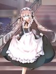  :d alternate_costume apron blue_eyes blurry building candle commentary_request depth_of_field drill_hair enmaided fate/grand_order fate_(series) long_hair looking_at_viewer maid maid_apron maid_headdress marie_antoinette_(fate/grand_order) miyo_(user_zdsp7735) open_mouth painting_(object) silver_hair skirt skirt_lift skyscraper smile solo stairs twin_drills twintails 