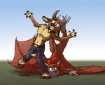  4_fingers anthro antlers bat cervine clothed clothing day deer digital_media_(artwork) duo grass green_eyes horn male mammal membranous_wings nude outside sky tirrel tirrel_(character) topless wings 