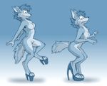  4_fingers 4_toes anthro blue_eyes blue_fur blue_hair breasts canine clothing digitigrade featureless_breasts female footwear fur hair mammal shoes solo standing tirrel toes 