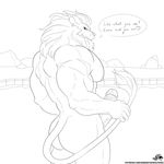  big_penis dialogue digimon english_text erection greeneyedwolfking leomon looking_at_viewer male mane muscular nipples penis solo text vein veiny_penis 