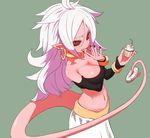  android_21 breasts cleavage cupcake detached_sleeves dragon_ball dragon_ball_fighterz eating food highres long_hair majin_android_21 medium_breasts pink_skin solo strapless sumiyao_(amam) tail tubetop white_hair 