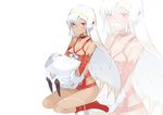  altera_(fate) altera_the_santa animal aosora_kamiya bare_shoulders breasts cleavage collarbone dark_skin earmuffs eyebrows_visible_through_hair fake_facial_hair fake_mustache fate/grand_order fate_(series) forehead_protector full_body holding holding_animal kneehighs looking_at_viewer medium_breasts mittens no_shoes red_eyes red_legwear revealing_clothes ribbon sheep short_hair simple_background sitting solo thighs wariza white_background white_hair white_mittens white_ribbon zoom_layer 