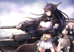  banned_artist black_hair black_legwear blurry blurry_background bodysuit breasts cowboy_shot cropped_jacket crossed_arms headgear itsuwa_(continue) kantai_collection large_breasts long_hair looking_at_viewer machinery midriff nagato_(kantai_collection) navel pleated_skirt remodel_(kantai_collection) skirt solo standing thighhighs white_skirt yellow_eyes zettai_ryouiki 