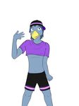  5_fingers anthro avian backwards_baseball_cap baseball_cap beak bird blue_fur bluebird bulge clothed clothing crop_top dancing fur fuze hair hat hi_res josh_oliver looking_at_viewer male midriff portrait pose purple_eyes shirt shorts simple_background smile solo t-shirt teeth texnatsu three-quarter_portrait white_background 