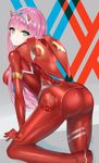  1girl ass bodysuit breasts cameltoe character_name code:002 darling_in_the_franxx ero_waifu eyebrows_visible_through_hair gloves green_eyes highres horns large_breasts leaning leaning_forward long_hair looking_at_viewer looking_back pink_hair red_bodysuit shiny shiny_clothes shiny_hair skin_tight solo zero_two_(darling_in_the_franxx) 