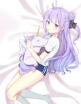  ahoge azur_lane bed_sheet blue_buruma buruma commentary doll_hug double_vertical_stripe gym_shirt hair_bun hair_ribbon highres kayo_(skc08049) kneehighs long_hair looking_at_viewer lying no_shoes one_side_up purple_eyes purple_hair ribbon shirt side_bun solo stuffed_alicorn stuffed_animal stuffed_toy unicorn_(azur_lane) white_legwear 