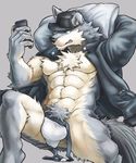  2017 abs absurd_res anthro biceps canine cellphone clothed clothing digital_media_(artwork) dog fur hat hi_res husky iphone kemono male mammal muscular muscular_male open_shirt pecs phone simple_background tupidwithouts underwear 
