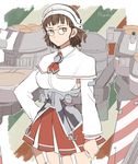  breasts brown_eyes brown_hair capelet detached_sleeves garter_straps glasses hand_on_hip hat headdress kantai_collection large_breasts machinery manaka_(gunjooou) pince-nez red_skirt roma_(kantai_collection) shirt short_hair skirt solo turret 