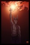  2018 5_fingers anthro black_hair canine clothed clothing fire fur grey_fur hair holding_object jackal lolzguy male mammal solo topless 
