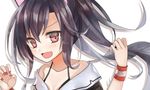  :d azur_lane black_hair brown_eyes claw_pose commentary_request fang long_hair looking_at_viewer open_mouth ougi_(u_o4410) ougi_(u_to4410) ponytail shigure_(azur_lane) simple_background smile solo to4410) white_background wristband 